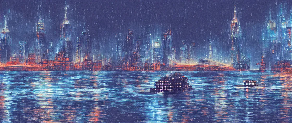 Prompt: carrier ship sailing on flooded miniature new york city at night, raining, art by yoshitaka amano, and artgerm, pixel art