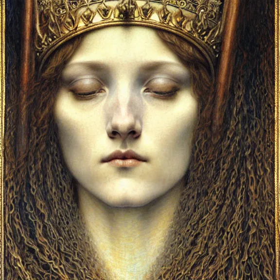 Image similar to detailed realistic beautiful young medieval queen face portrait by jean delville, gustave dore and marco mazzoni, art nouveau, symbolist, visionary, gothic, pre - raphaelite. horizontal symmetry