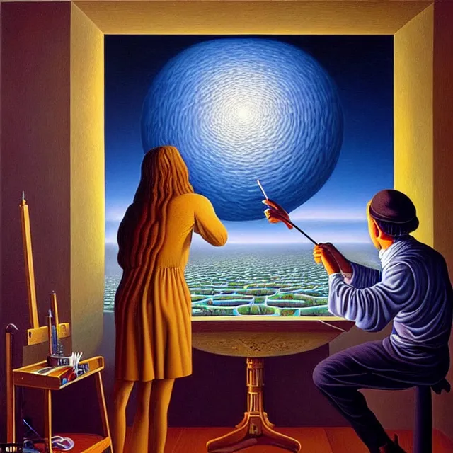 Prompt: an oil on canvas portrait of a man painting a portrait of a beautiful woman, surrealism, surrealist, cosmic horror, rob gonsalves, high detail