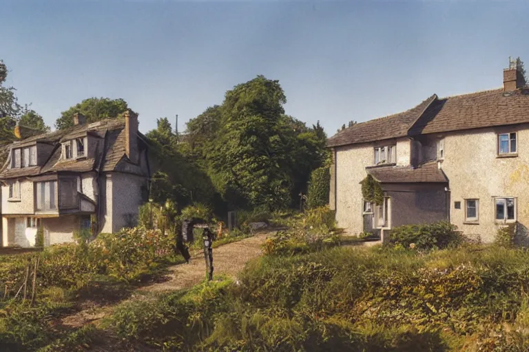 Prompt: cyberpunk, an estate agent listing external photo of a 5 bedroom detached house in the countryside, robots, sunny day, clear skies, by Paul Lehr, highly detailed, photorealistic, 8k, anamorphic, cinestill cinematrography