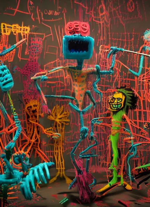 Image similar to 3D isomorphic scene of a freak party full of monsters made out of pipecleaners in the style of Jean-Michel Basquiat, cinematic lighting from the right side, photorealism, octane render, depth of field, 8k, 35mm, artgem, Trending on artstation