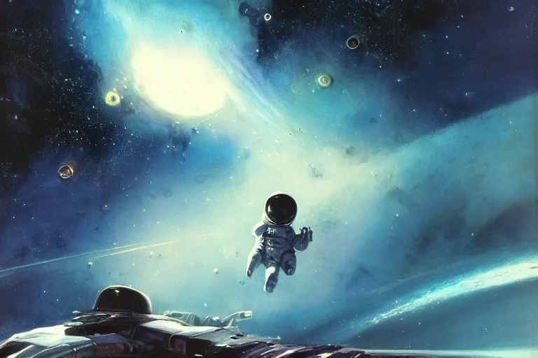 Prompt: concept art of a lonely astronaut drifting in space by john harris and john berkey, matte, void, stars, vivid, atmospheric, cinematic