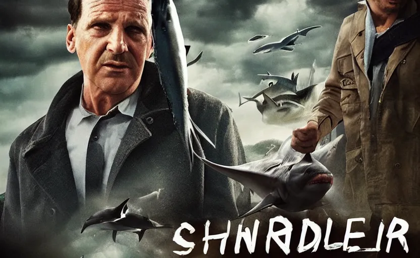 Prompt: schindlers sharknado photorealistic movie poster retro