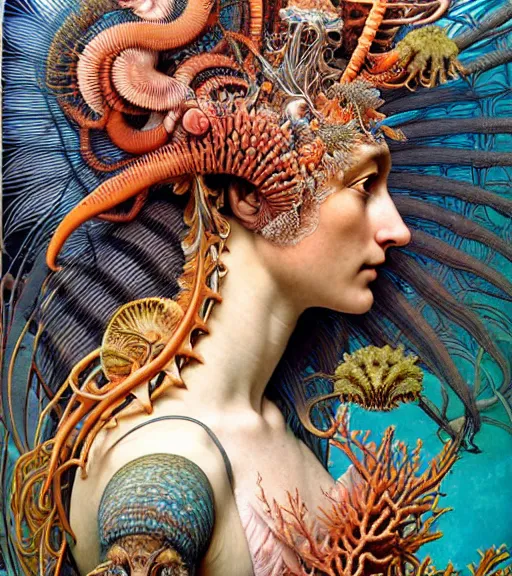 Image similar to hyperrealistic detailed face side portrait of the beautiful goddess of the fish skeletons with an intricate headgear of corals, sea kelp, sea plants, fish, starfish, jellyfish, art by ernst haeckel, john william godward, android jones, alphonso mucha, h. r. giger, gothic - cyberpunk, ornamental, beautiful deep colours,