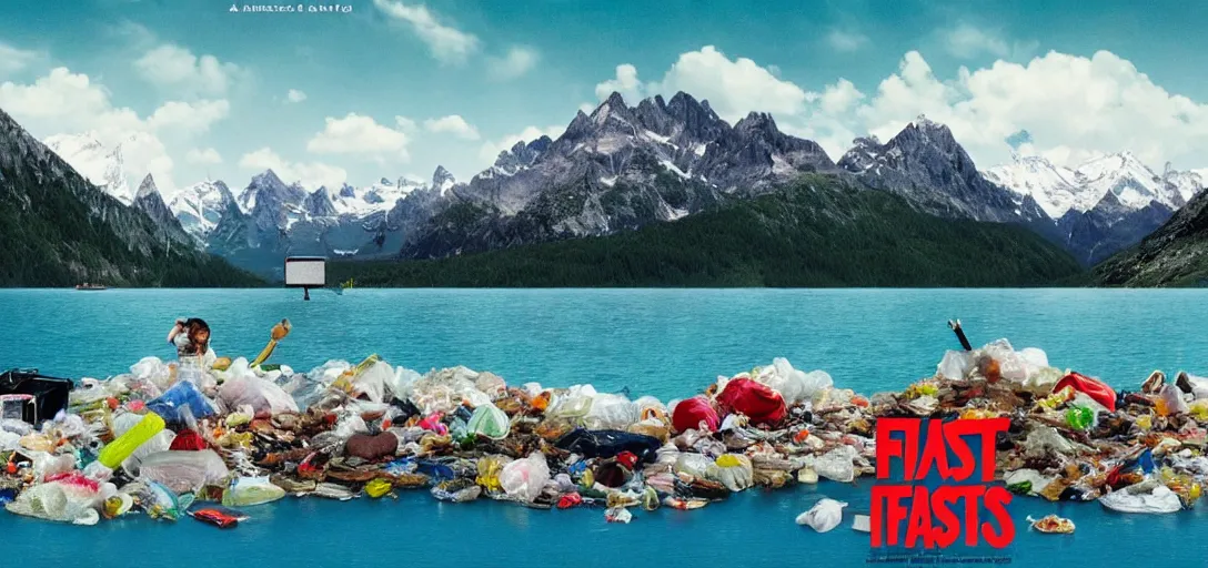 Prompt: a very high resolution image from a new movie. mountains, lake, garbage plastic, fast food, photorealistic, photography, directed bywes anderson
