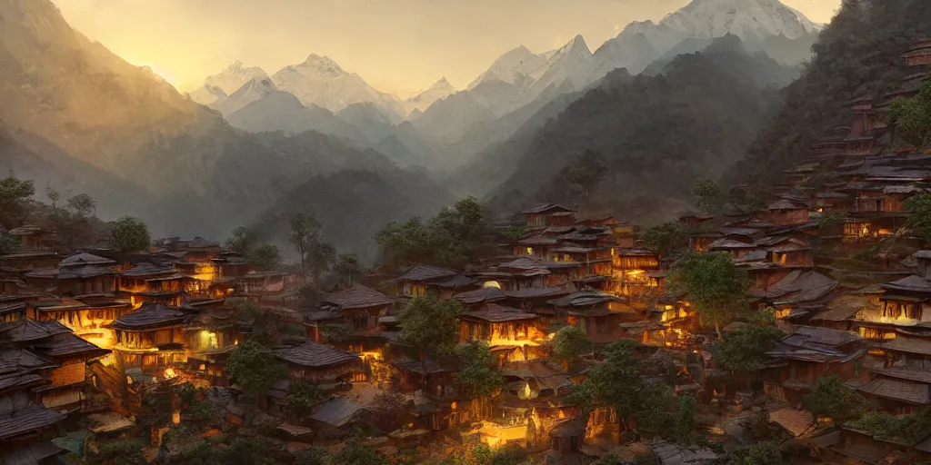 Image similar to nepalese mountain village at dusk, dim volumetric lighting, 8 k octane render, hdr, postprocessing, hyperdetailed, intricate, epic composition, cinematic lighting, masterpiece, trending on artstation, stunning art by anders zorn, extraordinary artwork by greg rutkowski