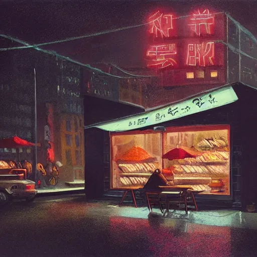 Image similar to people eating at street food noodle shop, chillwave, electronic billboards, tech noir, wet reflections, atmospheric, ambient, livia prima, greg rutkowski, edward hopper, pj crook