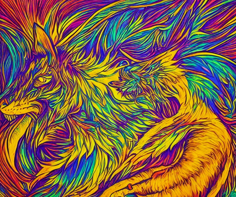 Prompt: the wildest dream, vivid colors, golden hour, psychedelic art, magical creatures, highly detailed, sharp lines