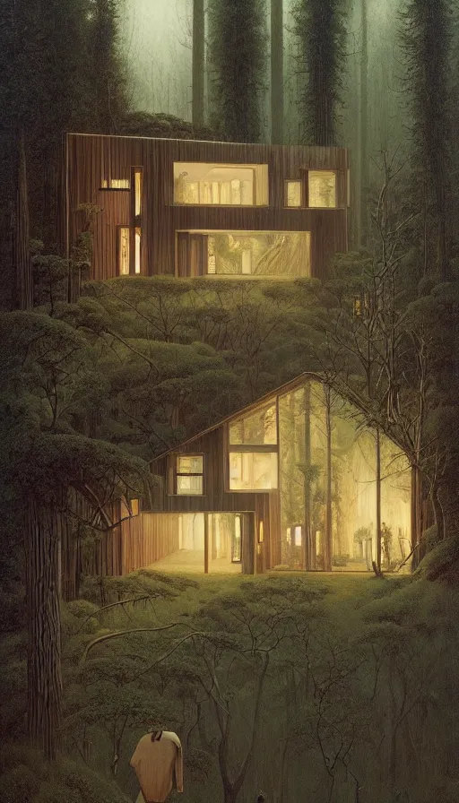 Image similar to cozy ultra modern home in the woods moody lighting, highly detailed, painting by zdzisław beksinski and norman rockwell and greg rutkowskiweta studio, and lucasfilm