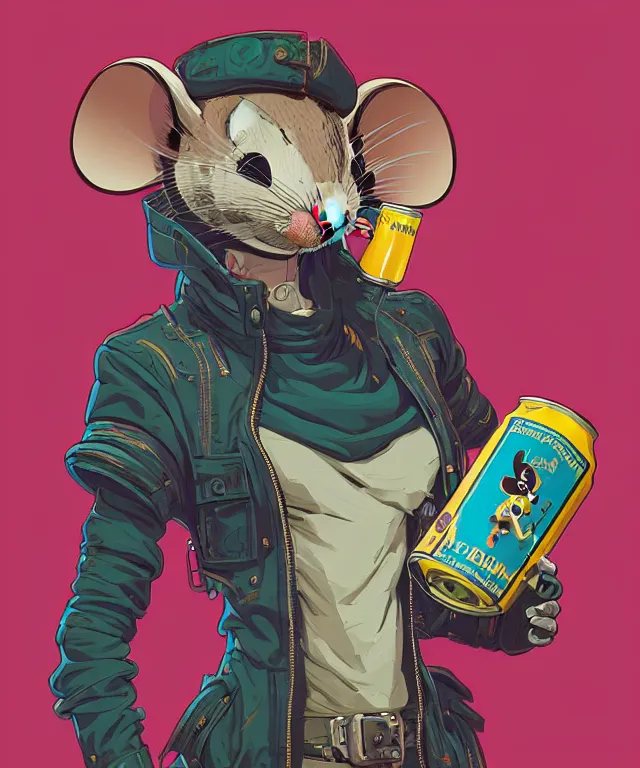 Image similar to a portrait of an anthropomorphic cyberpunk mouse holding a can of beer, cyberpunk!, fantasy, elegant, digital painting, artstation, concept art, matte, sharp focus, illustration, art by josan gonzalez