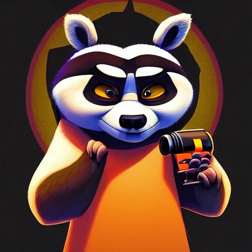 Image similar to “ portrait of a racoon in the style of kung fu panda holding laser gun, with a black background, digital art, award winning, trending on art station, retro style ”