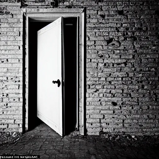 Image similar to An ominous photograph of the slightly opened door standing ajar, darkness behind it, dim lighting, nightmare, taken with Sony a7R camera