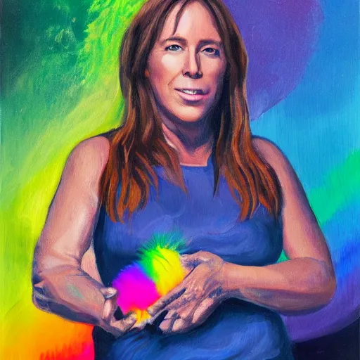 Image similar to alex jones holding a flog, rainbow colors, oil on canvas