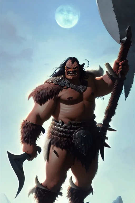 Image similar to orc barbarian wearing leather armor, full body shot, exquisite details, earth magic, mid view, design on a white background, by studio muti, greg rutkowski, makoto shinkai, takashi takeuchi, studio ghibli