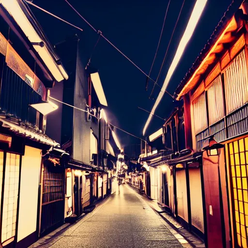 Image similar to photograph of kyoto street at night, bright street lamps, lens flare