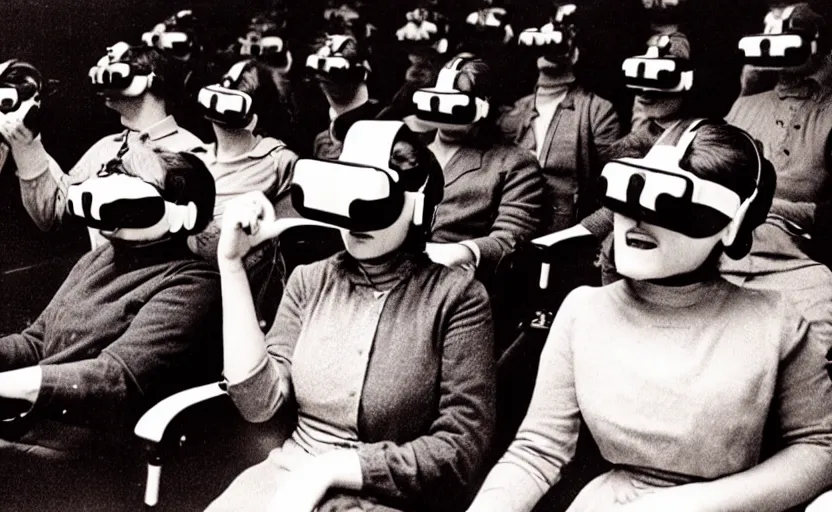 Image similar to 1 9 0 0 s photo of people wearing virtual reality headsets vr in a movie theater masterpiece