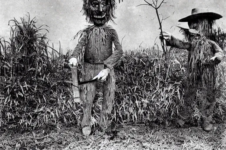 Image similar to disturbing scarecrow from the early 1 9 0 0's burning down the cornfields