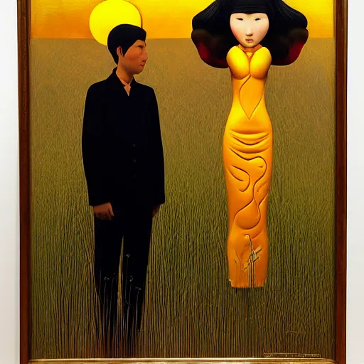 Prompt: by satoshi kon, by andrey remnev realist, soft. a beautiful kinetic sculpture of a man & a woman in a field of tall grass with the sun setting behind them