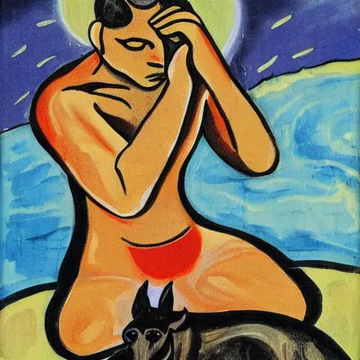 Image similar to fauvist painting of a man wiping sweat off his brow on a moonlit beach at night, with a black dog,