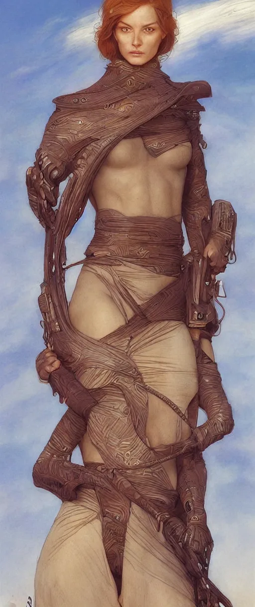 Image similar to beautiful female fremen on dune, by edgar maxence artgerm ross tran and michael whelan and gustav klimpt