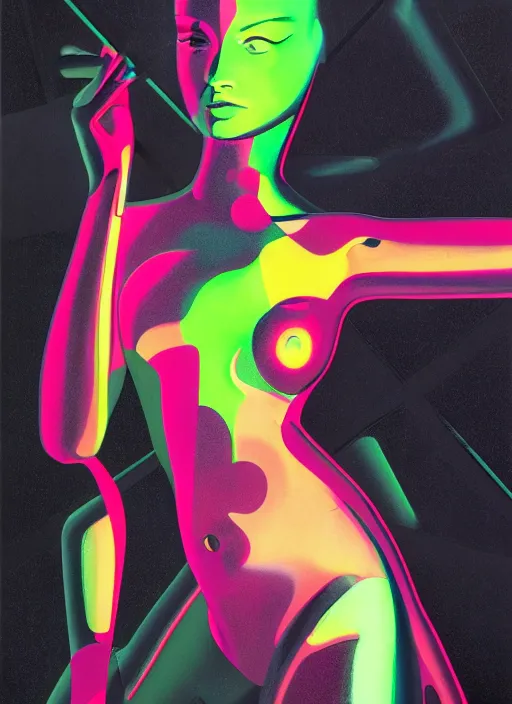 Prompt: futuristic lasers tracing, colorsmoke, fullbodysuit, pyramid hoodvisor, raindrops, wet, oiled, beautiful cyborg girl pinup, by steven meisel, kaws, rolf armstrong, cubist perfect geometry abstract acrylic, hyperrealism photorealistic airbrush collage painting, monochrome, neon fluorescent colors, minimalist rule of thirds, eighties eros