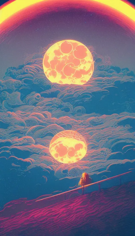 Prompt: sturgeon moon floating on cosmic cloudscape at sunset, futurism, dan mumford, victo ngai, kilian eng, da vinci, josan gonzalez