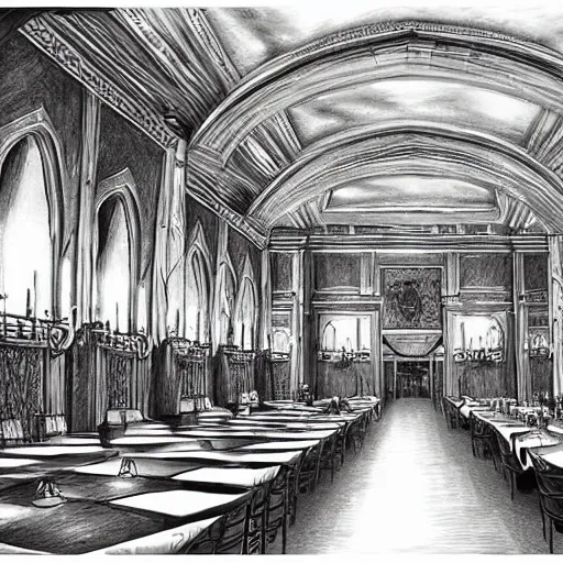 Image similar to incredibly huge castle dining hall with four incredibly long tables with hundreds of chairs full of food, realistic and detailed pencil drawing, artstation