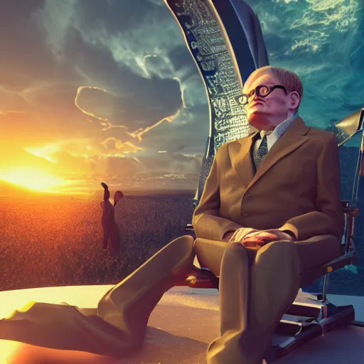 Prompt: stephen hawking sitting before the pearly gates, angels with trumpets in the sky, majestic, golden structures, warm sunset, octane render, fantastical, trending on artstation