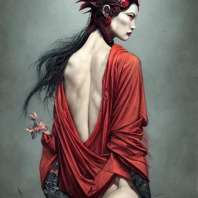 Image similar to ultra realistic illustration, beautifulwoman dressed in red kimono, backview, tattoos, in the style of peter mohrbacher by weta digital and beth cavener, high face symmetry, intricate, masterpiece, award winning, high face symmetry, intricate