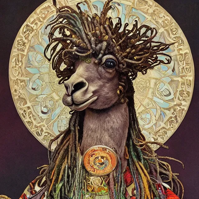 Image similar to llama with dreadlocks, detailed, by alphonse mucha, ernst haeckel, james jean, el anatsui, mandy jurgens