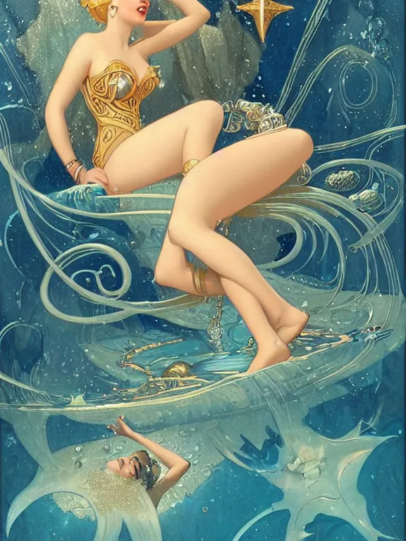 Prompt: princess kida the high queen of ancient atlantis, a beautiful art nouveau portrait by gil elvgren, beautiful underwater city environment, centered composition, defined features, golden ratio, silver jewelry, stars in her gazing eyes