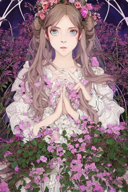 Prompt: a beautiful hyperdetailed portrait render of absolutely beautiful princess that wear rose flower wedding gothic lolita dress clothing stay in blooming flower house alone, finely detailed perfect face delicate features directed gaze, dazzling light beam penetrated through the window, perfectly shaded, atmospheric lighting, style of makoto shinkai, raphael lacoste, louis comfort tiffany, artgerm, james jean, ross tran