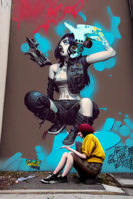 Prompt: punk girl sitting on extreme 3 d graffiti tag mural maximalism by atey ghailan, by greg rutkowski, by greg tocchini, by james gilliard, by joe fenton, yellow, brown, black and cyan color scheme, octane render