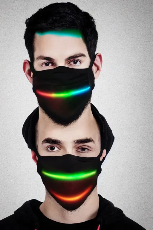 Image similar to rgb glitched face of young man wearing black mask