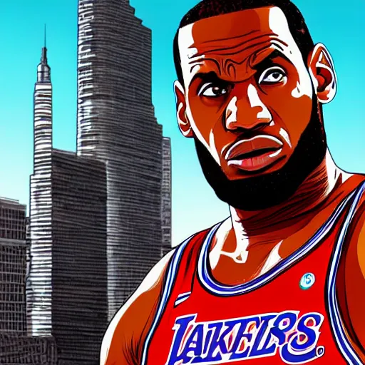 Prompt: lebron james, gta v cover art, art by stephen bliss