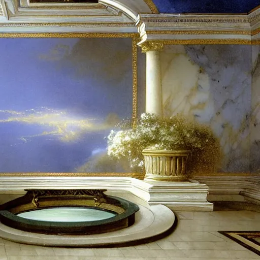 Prompt: gardens of marble draped in flowing sheets of cobalt blue satin and silver satin, by ivan aivazovsky and pieter claesz and paul delaroche and alma tadema and august malmstrom and willem claesz heda and aelbert cuyp and asher brown durand and moebius and syd mead and roger dean, hyperrealistic, volumetric light, octane render