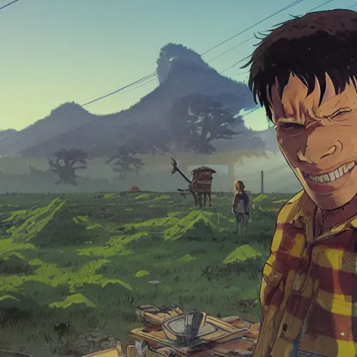 Prompt: cesar from planet of the apes, wearing a flannel shirt, building in carpenter workshop, landscape illustration concept art anime key visual trending pixiv fanbox by wlop and greg rutkowski and makoto shinkai and studio ghibli and kyoto animation