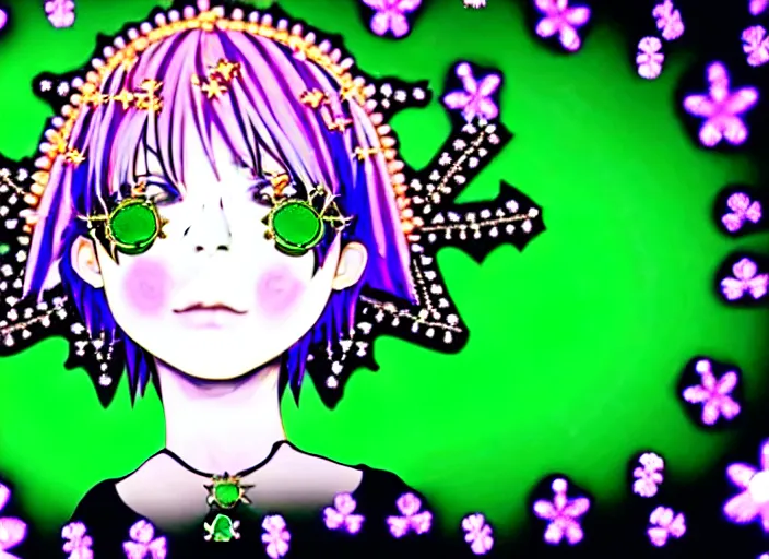 Prompt: baroque bedazzled gothic royalty frames surrounding a hologram of decora styled green haired yotsuba koiwai wearing a gothic spiked jacket, background full of lucky clovers, crosses, and shinning star doodles, holography, irridescent