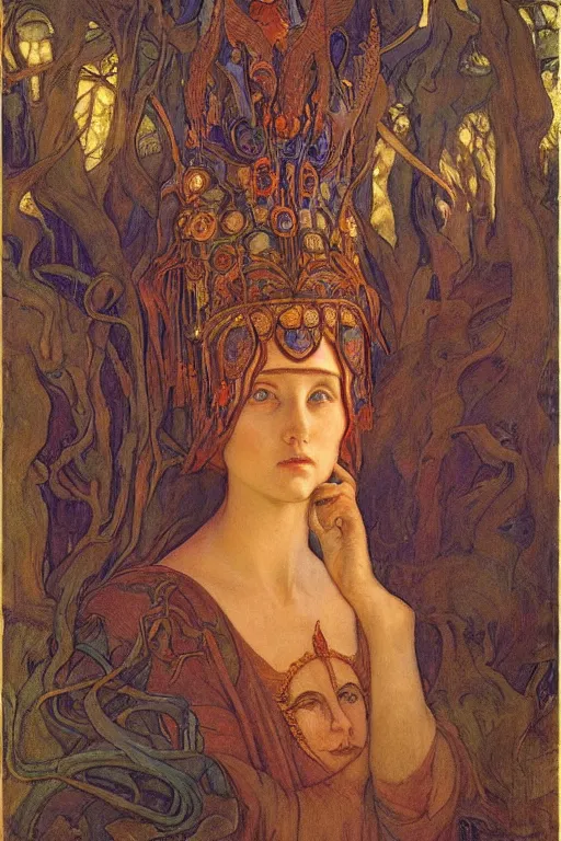 Prompt: queen of the last forest, by Annie Swynnerton and Nicholas Roerich and jean delville, strong dramatic cinematic lighting , ornate headdress , flowing robes, lost civilizations, smooth, sharp focus, extremely detailed