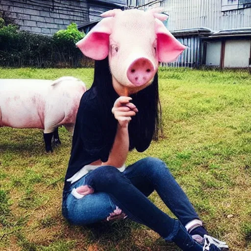 Prompt: “a tall emo girl with the head of a pig, in a Japanese apartment, grass and weeds, cellphone selfie”