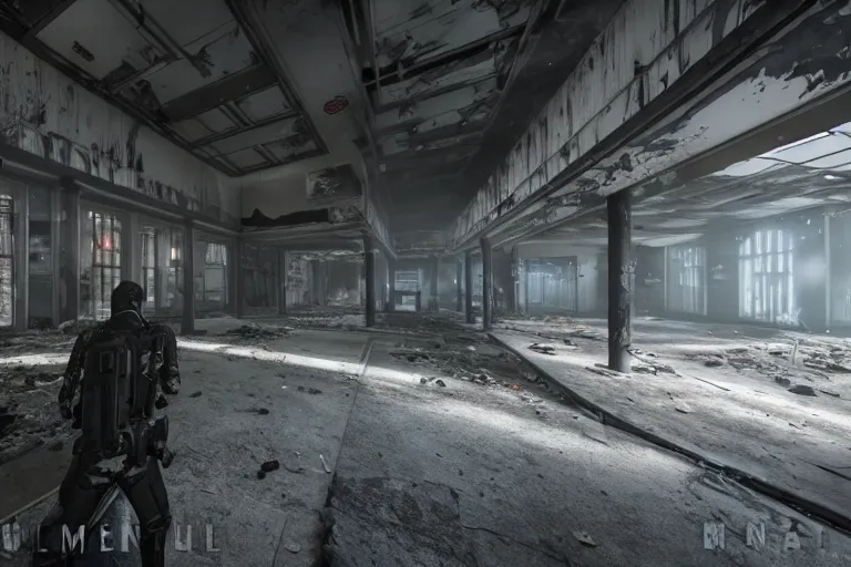 Image similar to a first person shooter game trailer on a abandoned victorian shopping mall, cinematic lightning, ray tracing, unreal engine 5, photorealistic, first person point of view, fps game concept art, detailed, dark, moody, foggy
