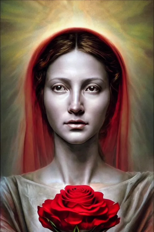 Image similar to hyperrealistic mixed media painting of Mother Mary, a halo about her head, holding a red rose, traditional beauty, stunning 3d render inspired art by P. Craig Russell and Barry Windsor-Smith + perfect facial symmetry + dim volumetric lighting, 8k octane beautifully detailed render, post-processing, extremely hyperdetailed, intricate, epic composition, grim yet sparkling atmosphere, cinematic lighting + masterpiece, trending on artstation, very very detailed, masterpiece, stunning