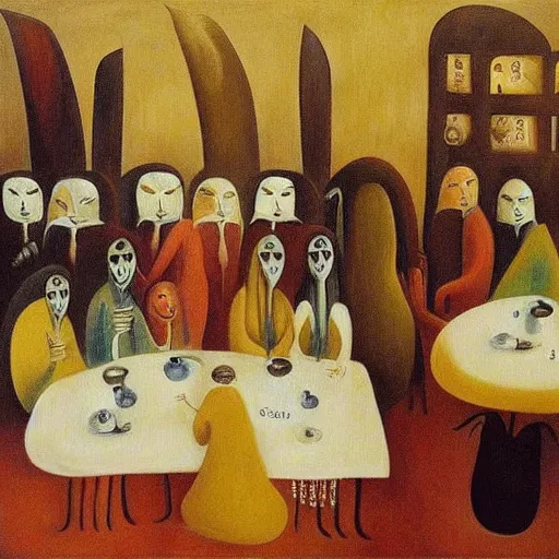 Prompt: painting of a busy coffee shop, by leonora carrington,