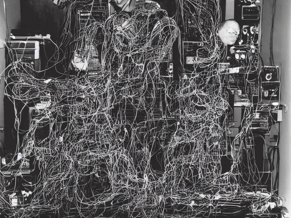 Prompt: 1980s photograph of a man made of electric guitars, wires and 80s modular synthesizers