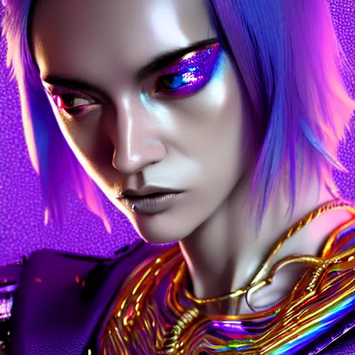 Image similar to hyperdetailed close portrait of a stunningly beautiful cyberpunk girl androgynous wizard guard made of iridescent metals and shiny purple gems, bright rainbow nimbus, transparent necklace, gold background inspired by ross tran and masamune shirow and kuvshinov, concept art, intricate, photorealistic, octane render, rtx, hdr, unreal engine, dnd digital art by artgerm