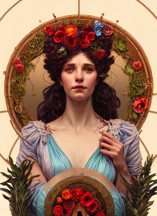 Prompt: the goddess demeter, straw wreath, full body, steampunk, glowing eyes, volumetric lights, red and cyan theme, art nouveau botanicals, intricate, highly detailed, digital painting, artstation, concept art, smooth, sharp focus, cinematic, illustration, beautiful face, art by artgerm and greg rutkowski and alphonse mucha
