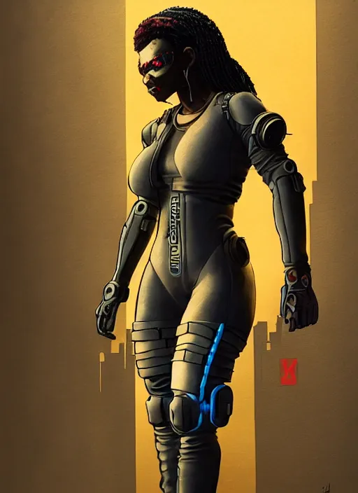 Image similar to sonya igwe. cyberpunk mercenary in tactical harness and jumpsuit. dystopian. portrait by stonehouse and mœbius and will eisner and gil elvgren and pixar. realistic proportions. cyberpunk 2 0 7 7, apex, blade runner 2 0 4 9 concept art. cel shading. attractive face. thick lines. moody industrial landscape.