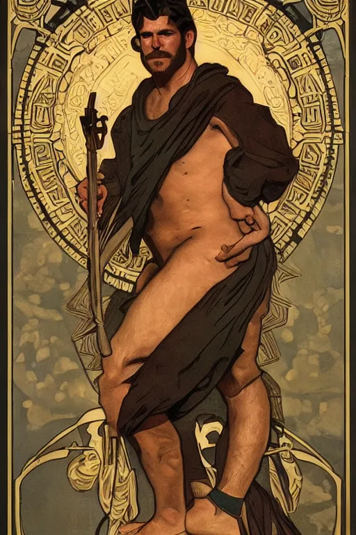 Prompt: a beautiful dramatic tarot card of a shirtless rugged cowboy, dad bod, homoerotic, art deco, art nouveau, by mark maggiori, ( ( ( by alphonse mucha ) ) ), trending on artstation