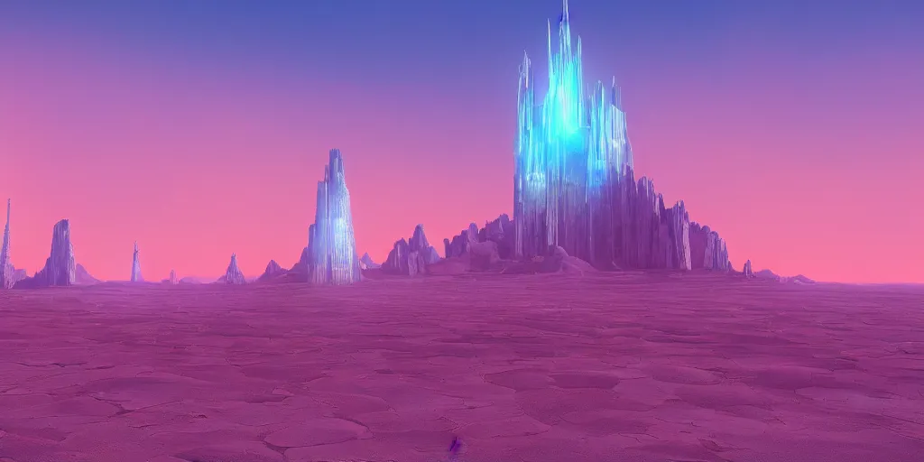 Prompt: artistic rendering of a cinematic shot of a scifi fantasy desertscape, beautiful pink sky, blue geometric tower with spires, processing the soul of an ancient alien