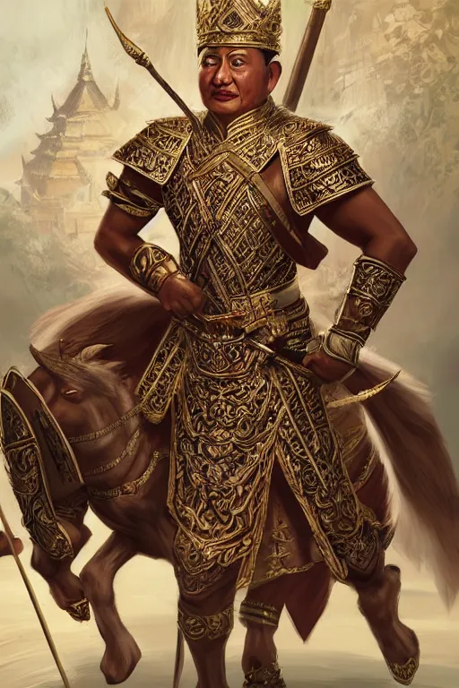 Image similar to full body portrait of king ramkamhaeng the great, thai warload, d & d, elegant, highly detailed, digital painting, artstation, concept art, smooth, sharp focus, illustration, art by jakkrapan pocayakit